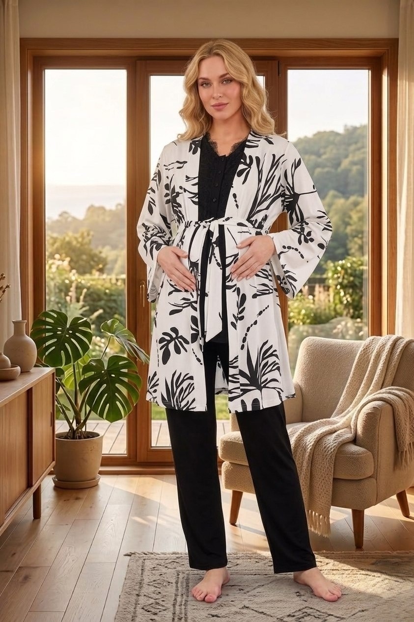raia Yeni Sezon Siyah Şık Dantelli Yazlık Desenli Kısa Kol Hamile Lohusa Sabahlık Pijama Takım 3lü Set
