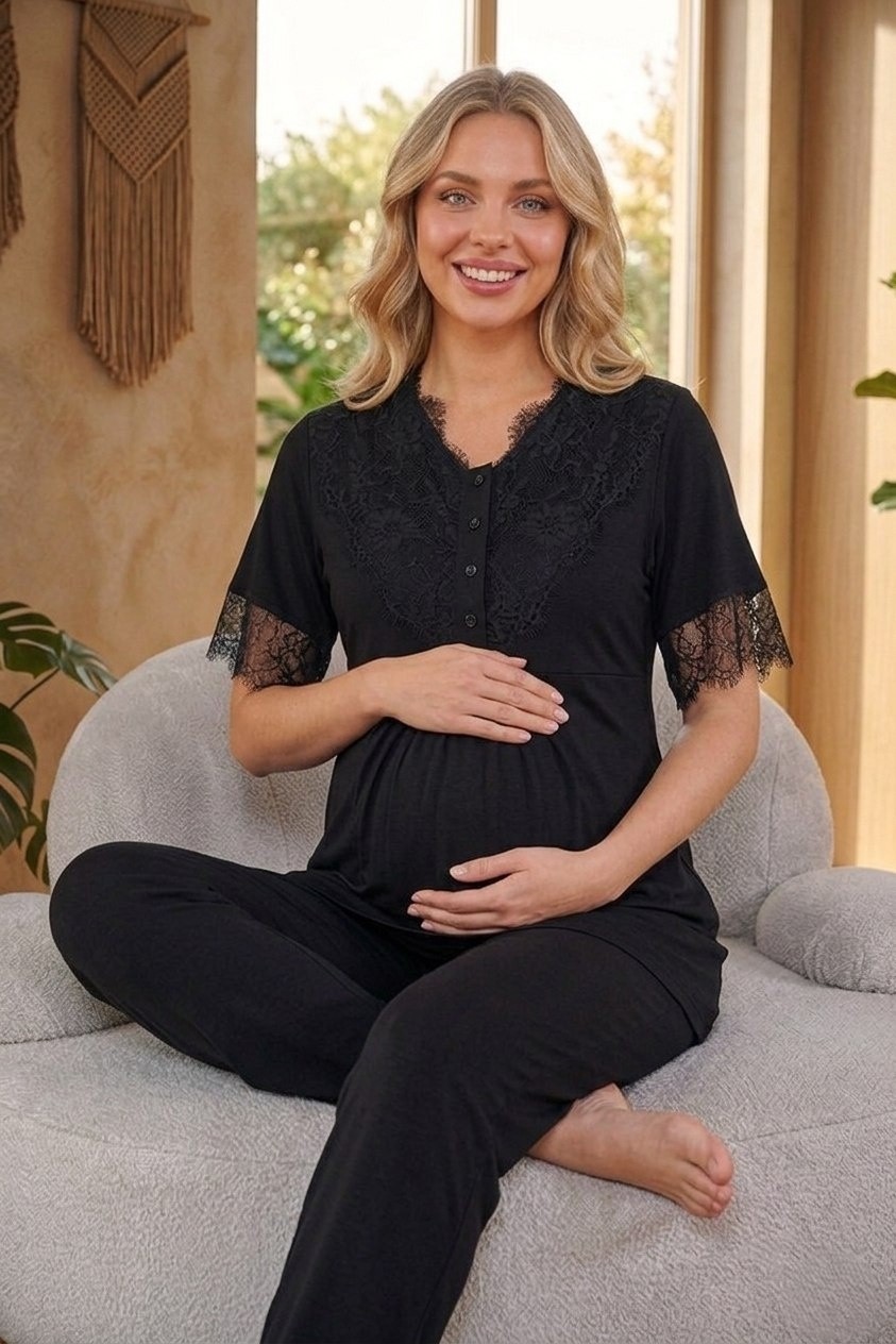 raia Yeni Sezon Siyah Dantel Detaylı Yazlık Tasarım Kısa Kol Hamile Lohusa Sabahlık Pijama Takım 3'lü Set görsel 4