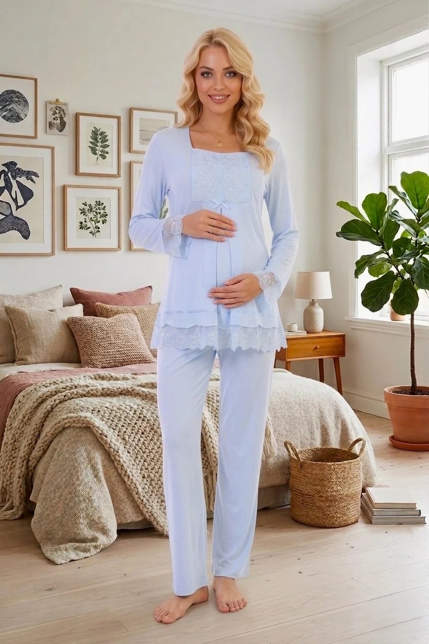 raia Yeni Sezon Pembe Dantelli Düğme Detaylı Özel Tasarım Uzun Kol %100 Pamuk Hamile Lohusa Pijama Takımı