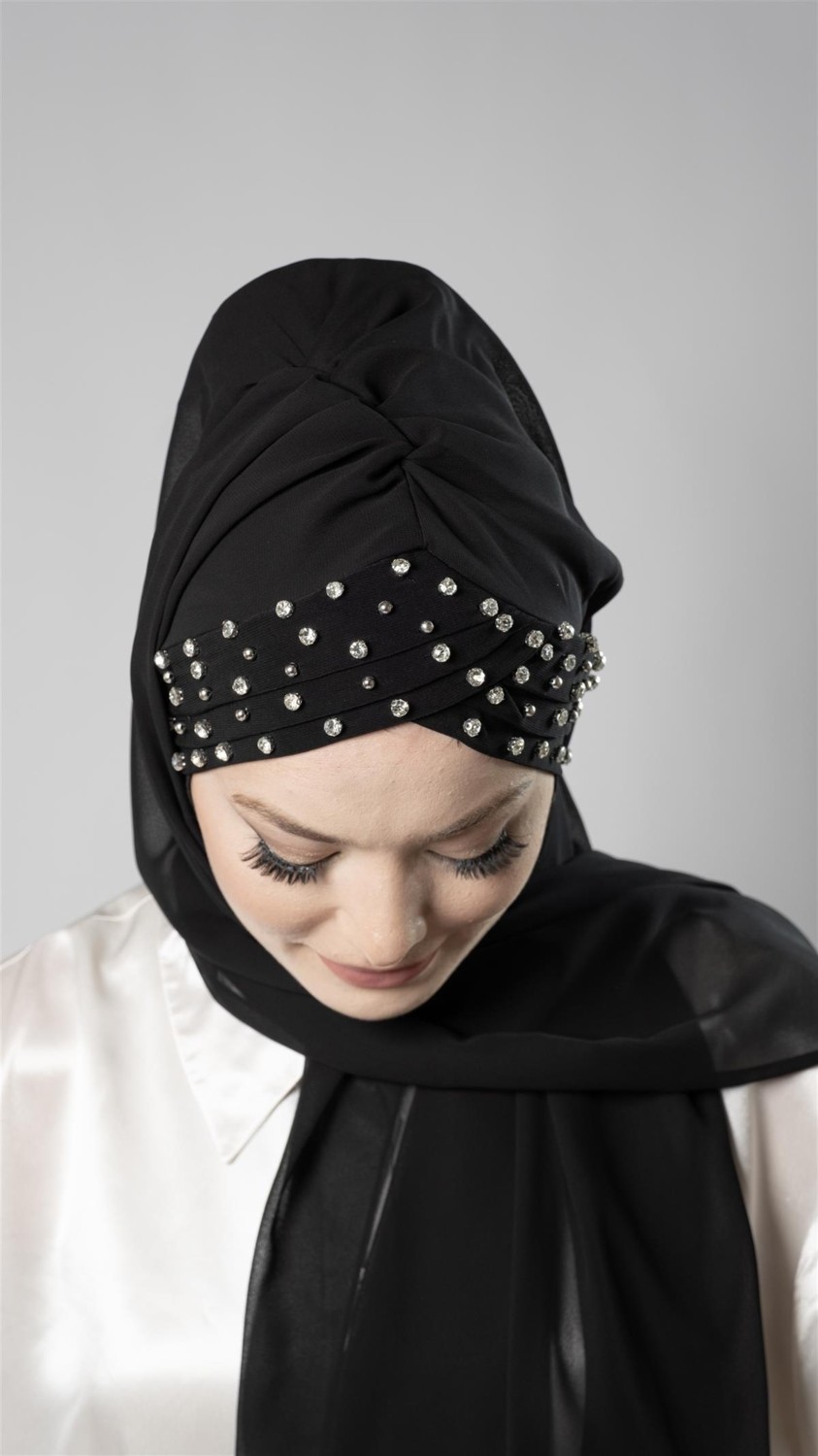 Hürrem Bone Bej Pratik Hazır Geçmeli Bone Şal Şifon Kendinden Boneli Taşlı Elişi Işlemeli 1450_12 görsel 2