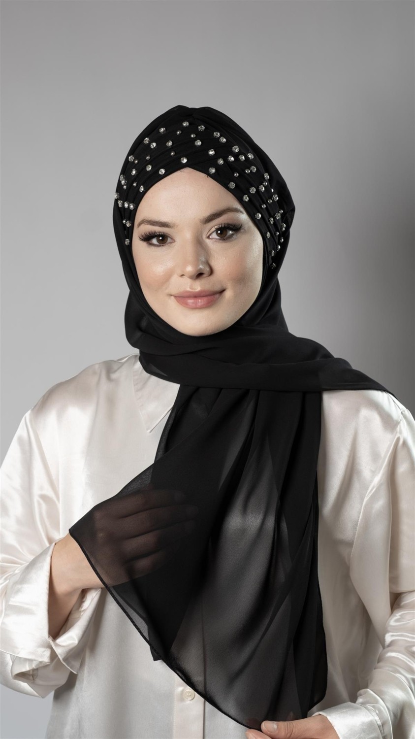 Hürrem Bone Bej Pratik Hazır Geçmeli Bone Şal Şifon Kendinden Boneli Taşlı Elişi Işlemeli 1450_12 görsel 4