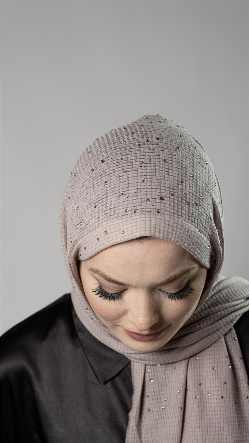 Hürrem Bone Bej Pratik Hazır Geçmeli Tesettür Şal Örme Kumaş Taş Desenli 2118T_12 görsel 2