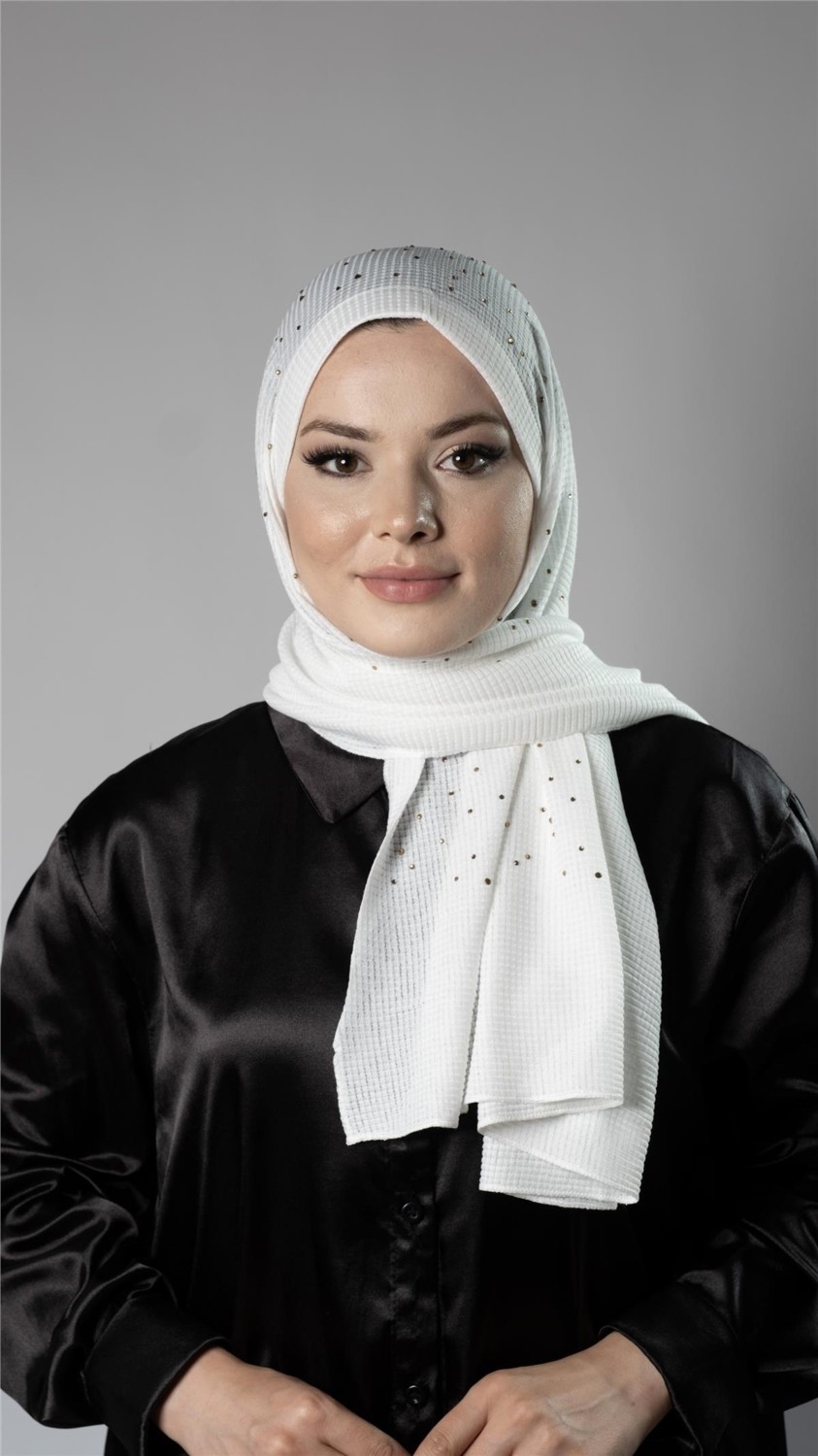 Hürrem Bone Bej Pratik Hazır Geçmeli Tesettür Şal Örme Kumaş Taş Desenli 2118T_12 görsel 5