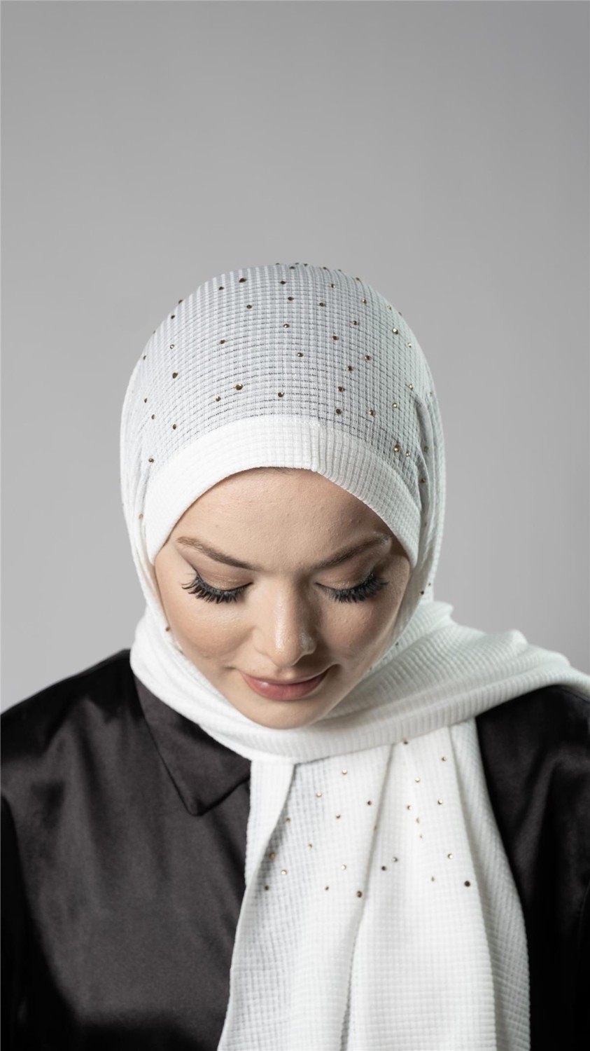 Hürrem Bone Bej Pratik Hazır Geçmeli Tesettür Şal Örme Kumaş Taş Desenli 2118T_12 görsel 6