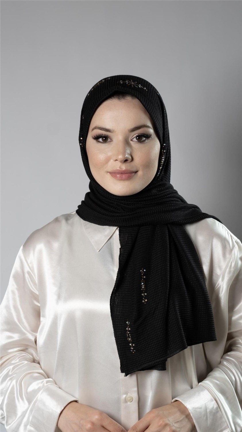 Hürrem Bone Bordo Pratik Hazır Geçmeli Tesettür Şal Örme Kumaş Taşlı Yıldız Desenli 2118Y_16 görsel 3