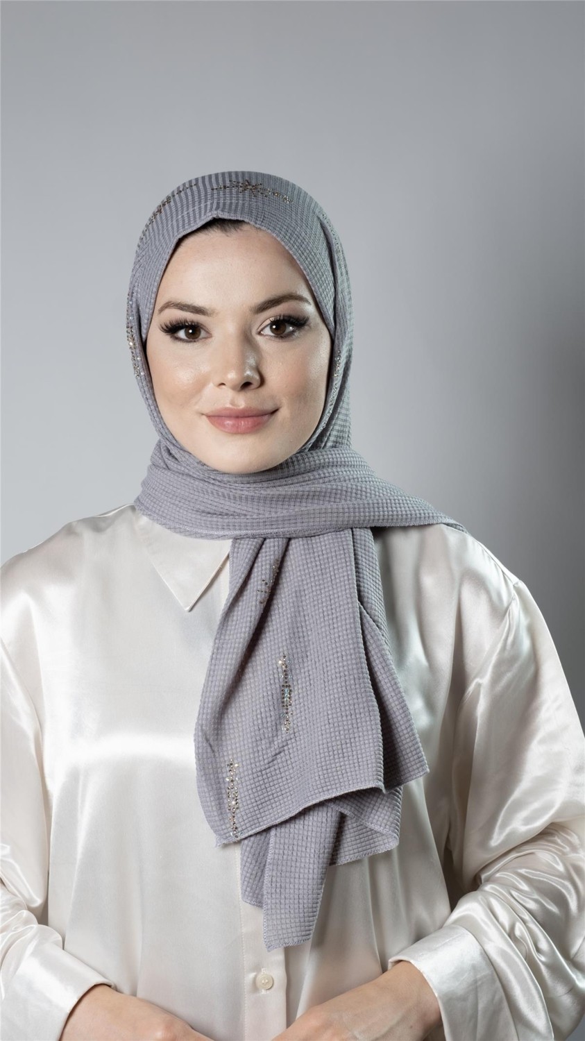 Hürrem Bone Bordo Pratik Hazır Geçmeli Tesettür Şal Örme Kumaş Taşlı Yıldız Desenli 2118Y_16 görsel 5