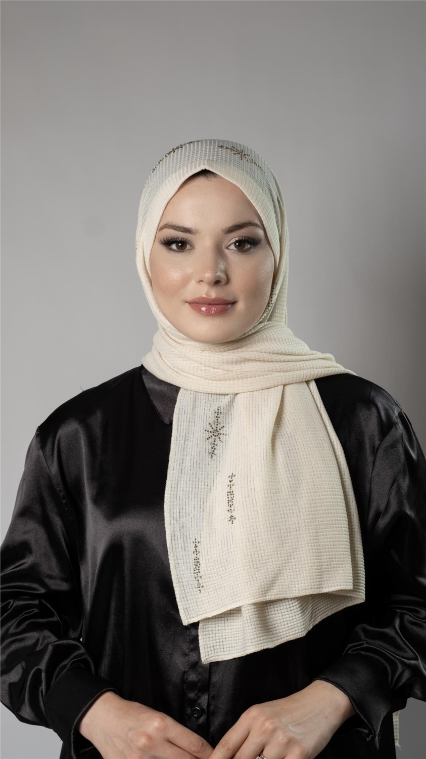 Hürrem Bone Bordo Pratik Hazır Geçmeli Tesettür Şal Örme Kumaş Taşlı Yıldız Desenli 2118Y_16 görsel 4