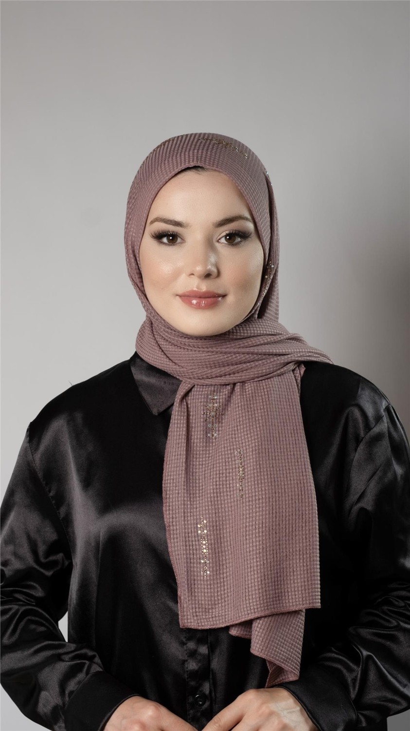 Hürrem Bone Bordo Pratik Hazır Geçmeli Tesettür Şal Örme Kumaş Taşlı Yıldız Desenli 2118Y_16