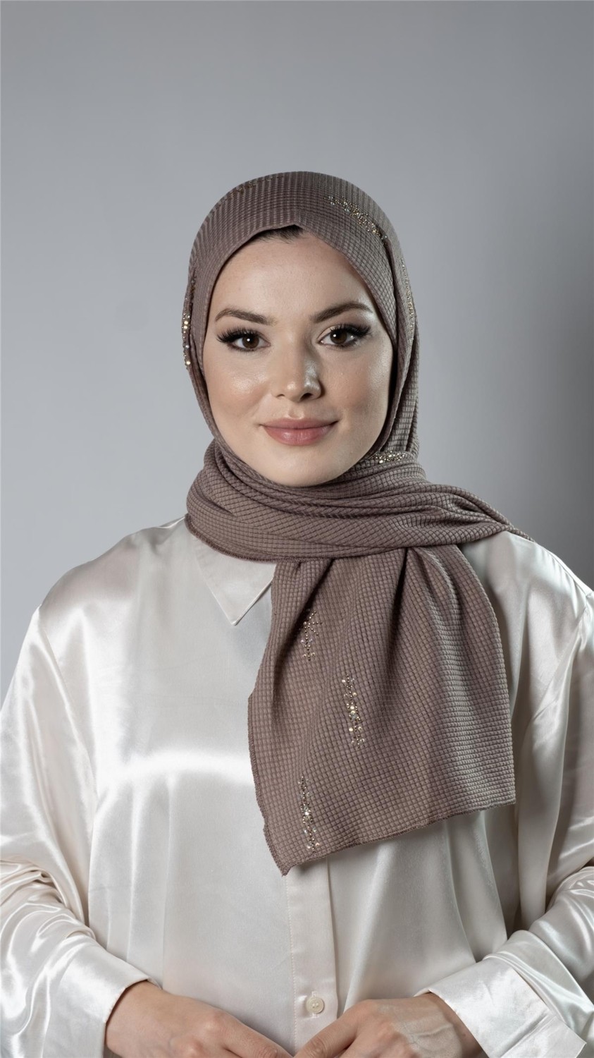 Hürrem Bone Bordo Pratik Hazır Geçmeli Tesettür Şal Örme Kumaş Taşlı Yıldız Desenli 2118Y_16 görsel 2