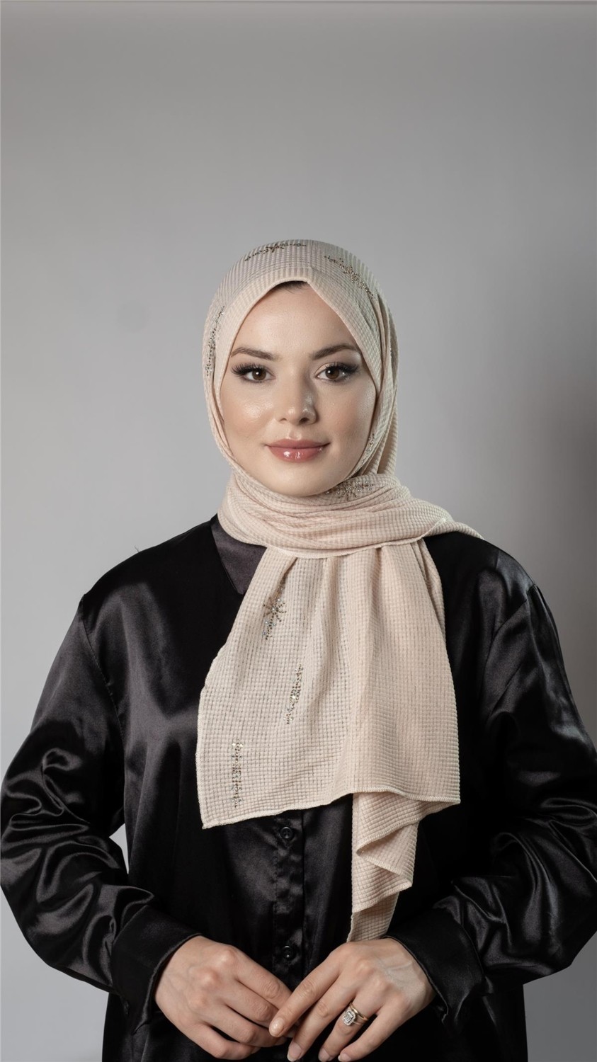 Hürrem Bone Bordo Pratik Hazır Geçmeli Tesettür Şal Örme Kumaş Taşlı Yıldız Desenli 2118Y_16 görsel 7