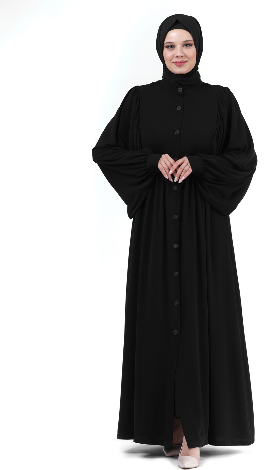 İhvan Online Siyah Hakim Yaka Düğmeli Karpuz Kol Tesettür Ferace 24351 görsel 2