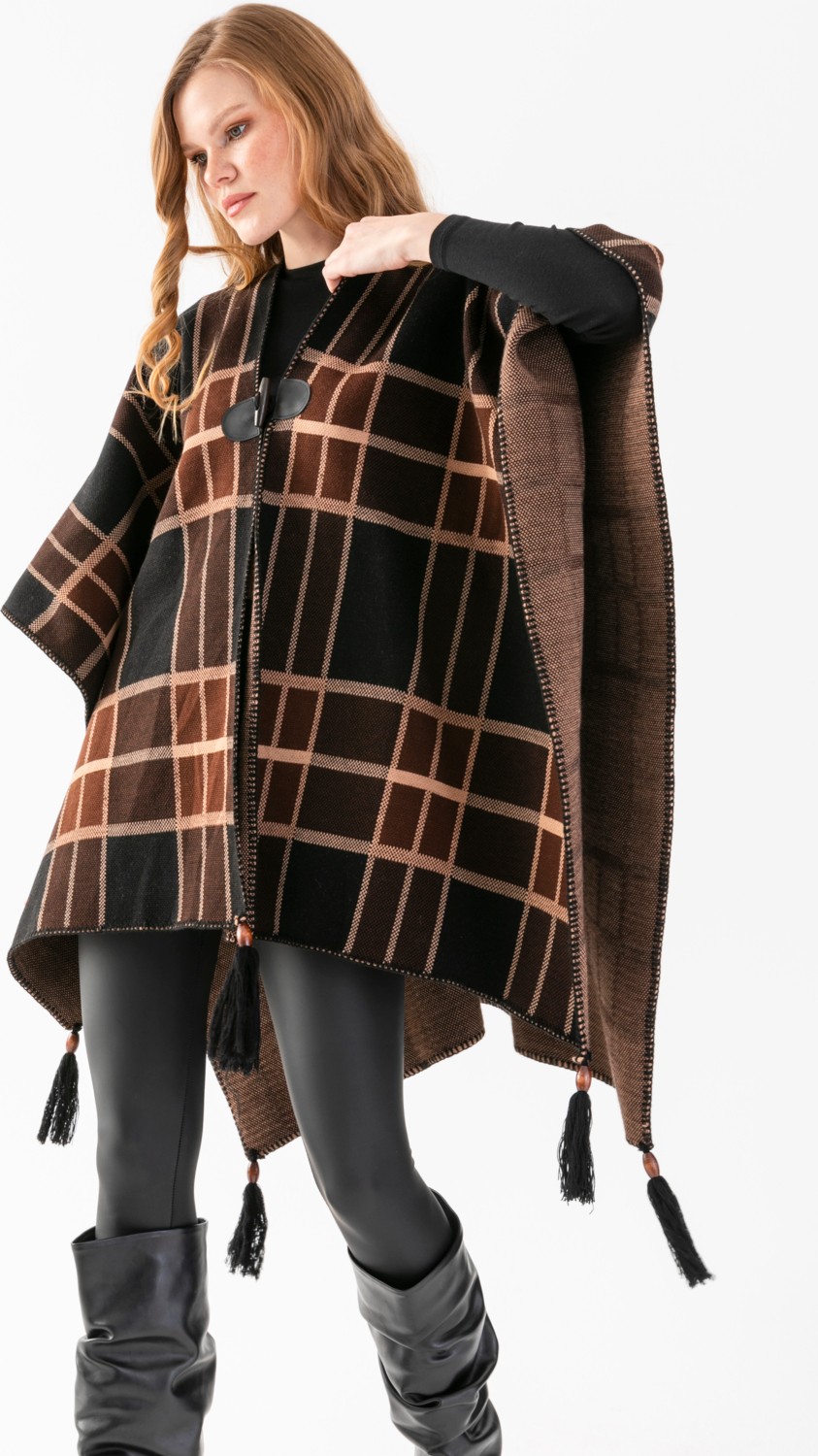 Wega Moda Çizgili Desenli Panço, Balıkçı Dikişli Düğme Detaylı Panço, Dış Giyim Panço, Triko Örğü Şık Panço görsel 7