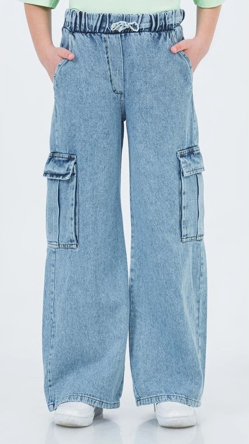 Waka Waka Kids Store Kargo Cepli Beli Lastikli Kız Çocuk Kargo Kot Pantolon - Mavi