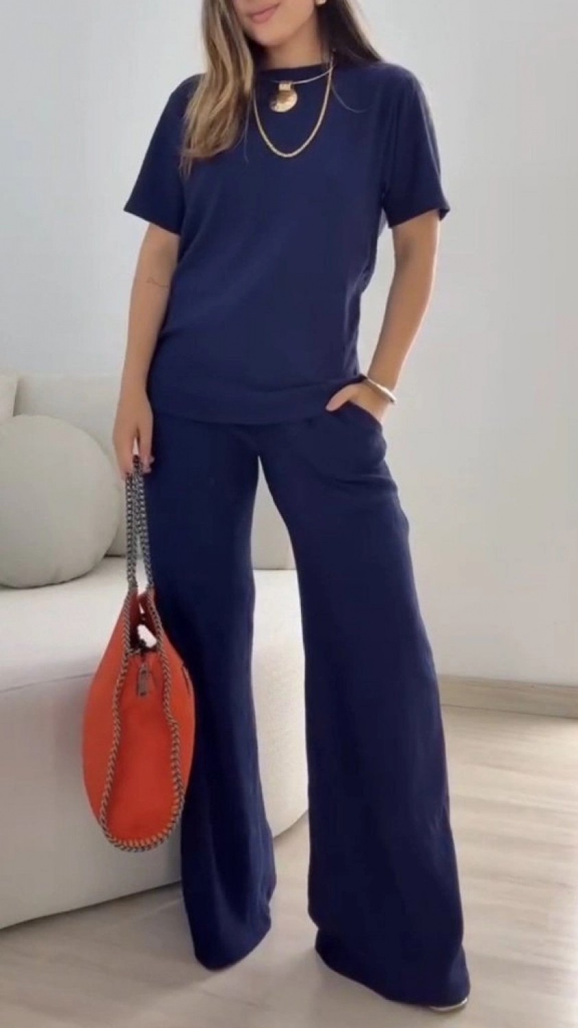 Pileli Store Kadın Kısa Kollu Bisiklet Yaka Viskon Iki Iplik Bluz ve Pantolon Ikili Takım