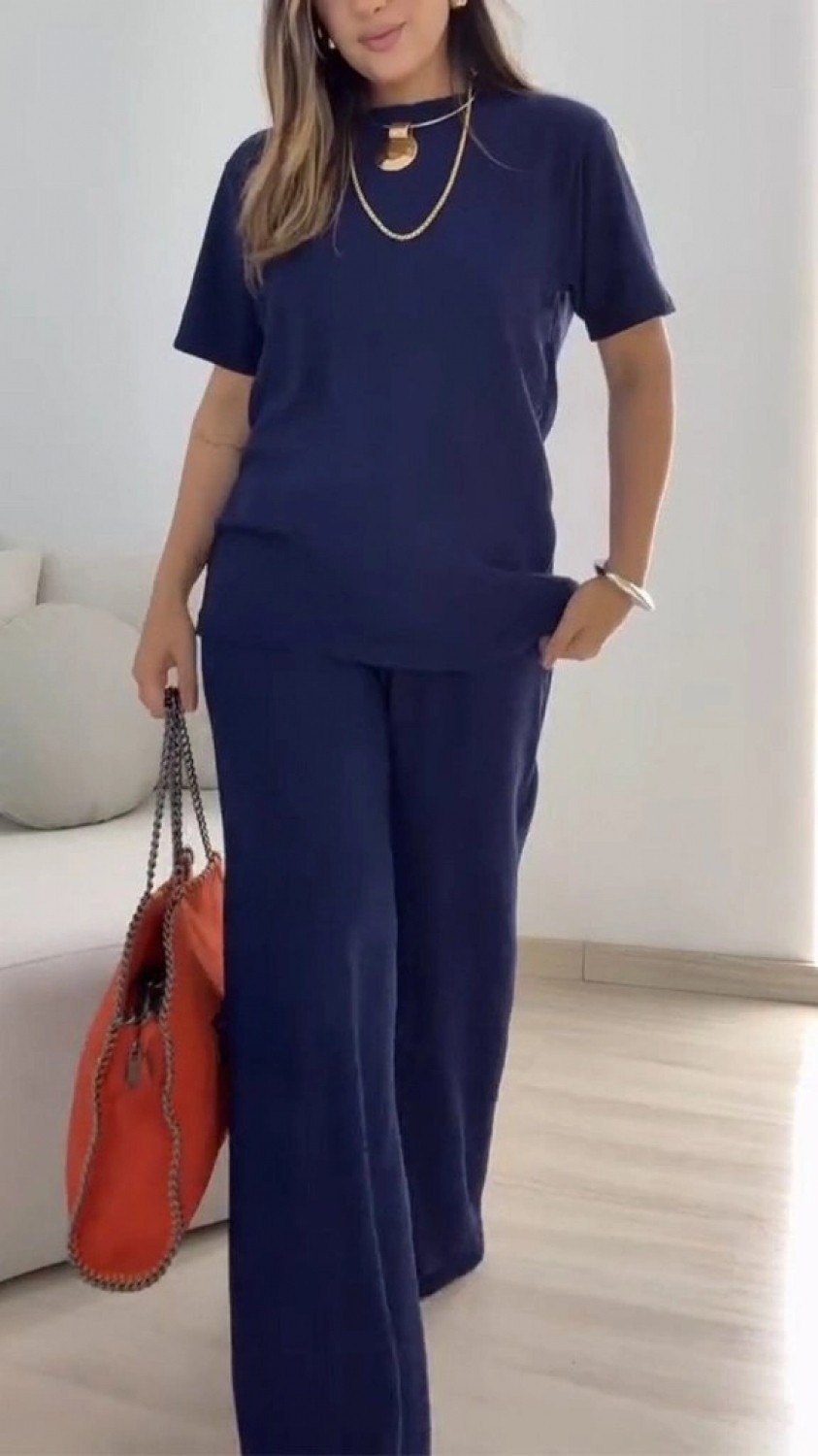 Pileli Store Kadın Kısa Kollu Bisiklet Yaka Viskon Iki Iplik Bluz ve Pantolon Ikili Takım görsel 3