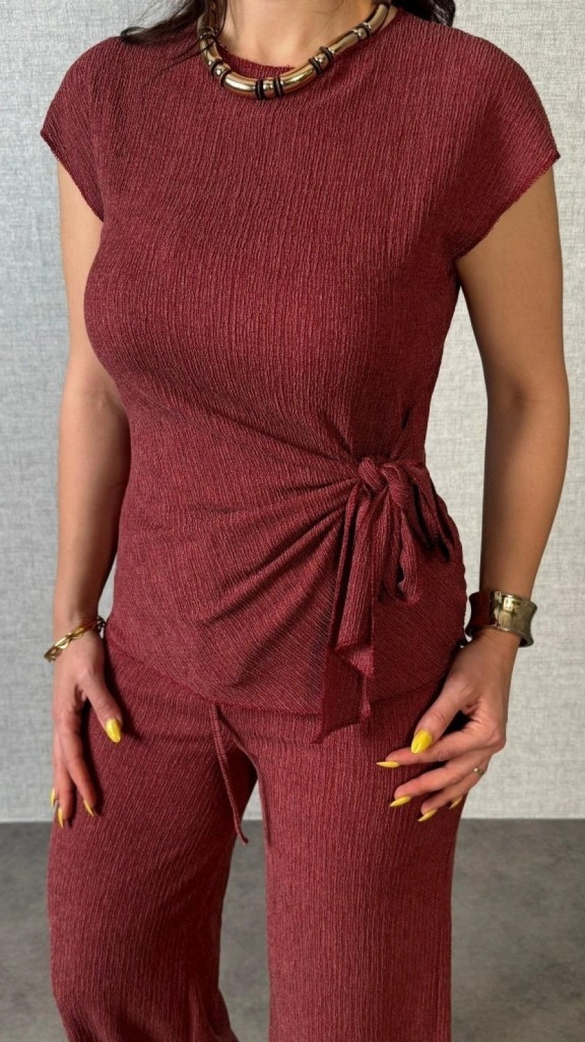 Pileli Store Kadın Kısa Kollu Bisiklet Yaka Yandan Bağlamalı Bürümcük Bluz ve Pantolon Ikili Takım görsel 3