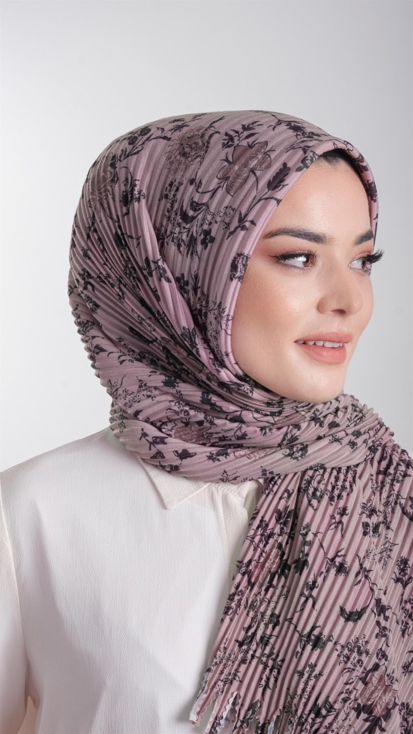 Hürrem Bone Vizon Pratik Hazır Geçmeli Tesettür Eşarp Kesik Elyaf Piliseli Çiçek Desenli 1818D6_10 görsel 3