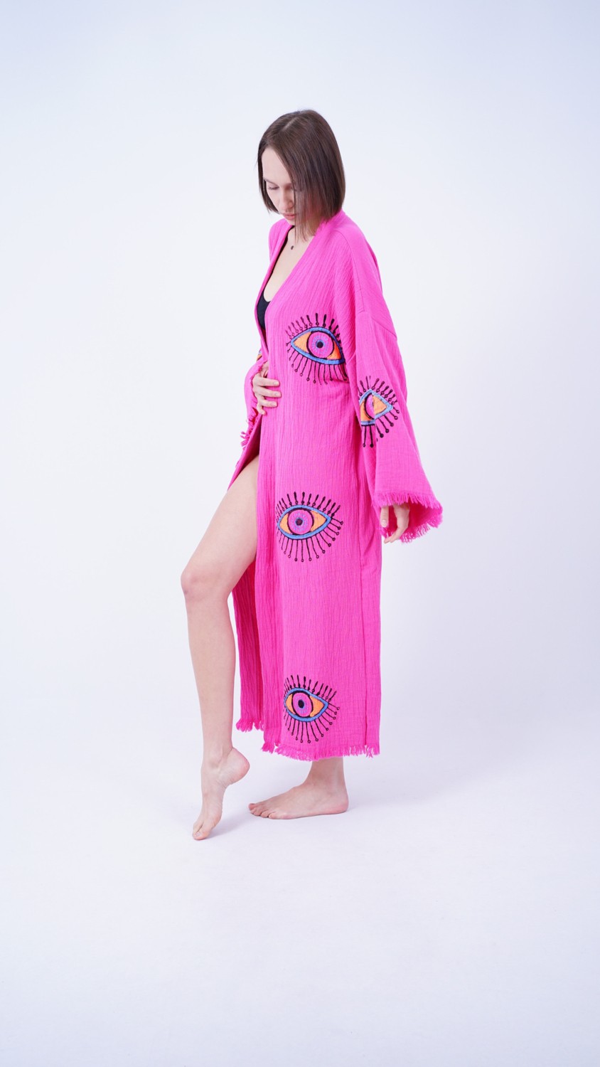 Bodho El Yapımı Pembe Göz Baskılı Nazar Kaftan Kimono görsel 2