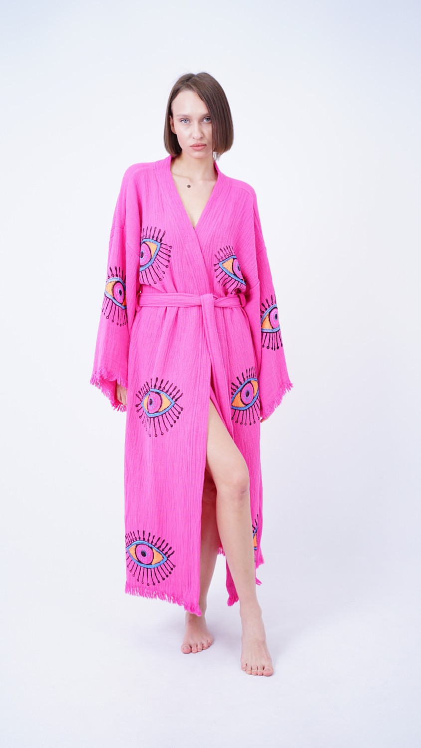 Bodho El Yapımı Pembe Göz Baskılı Nazar Kaftan Kimono görsel 3