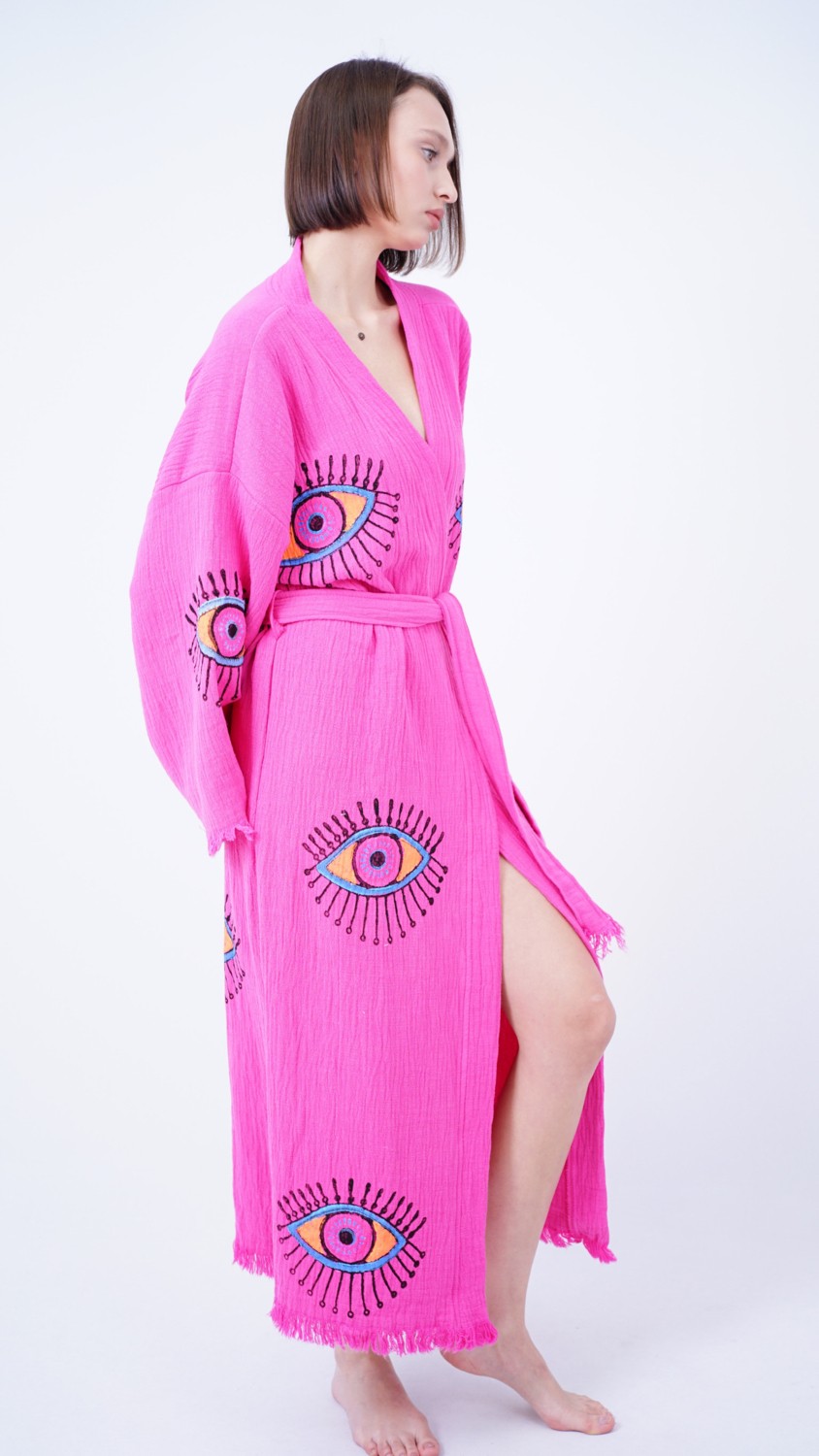 Bodho El Yapımı Pembe Göz Baskılı Nazar Kaftan Kimono görsel 4