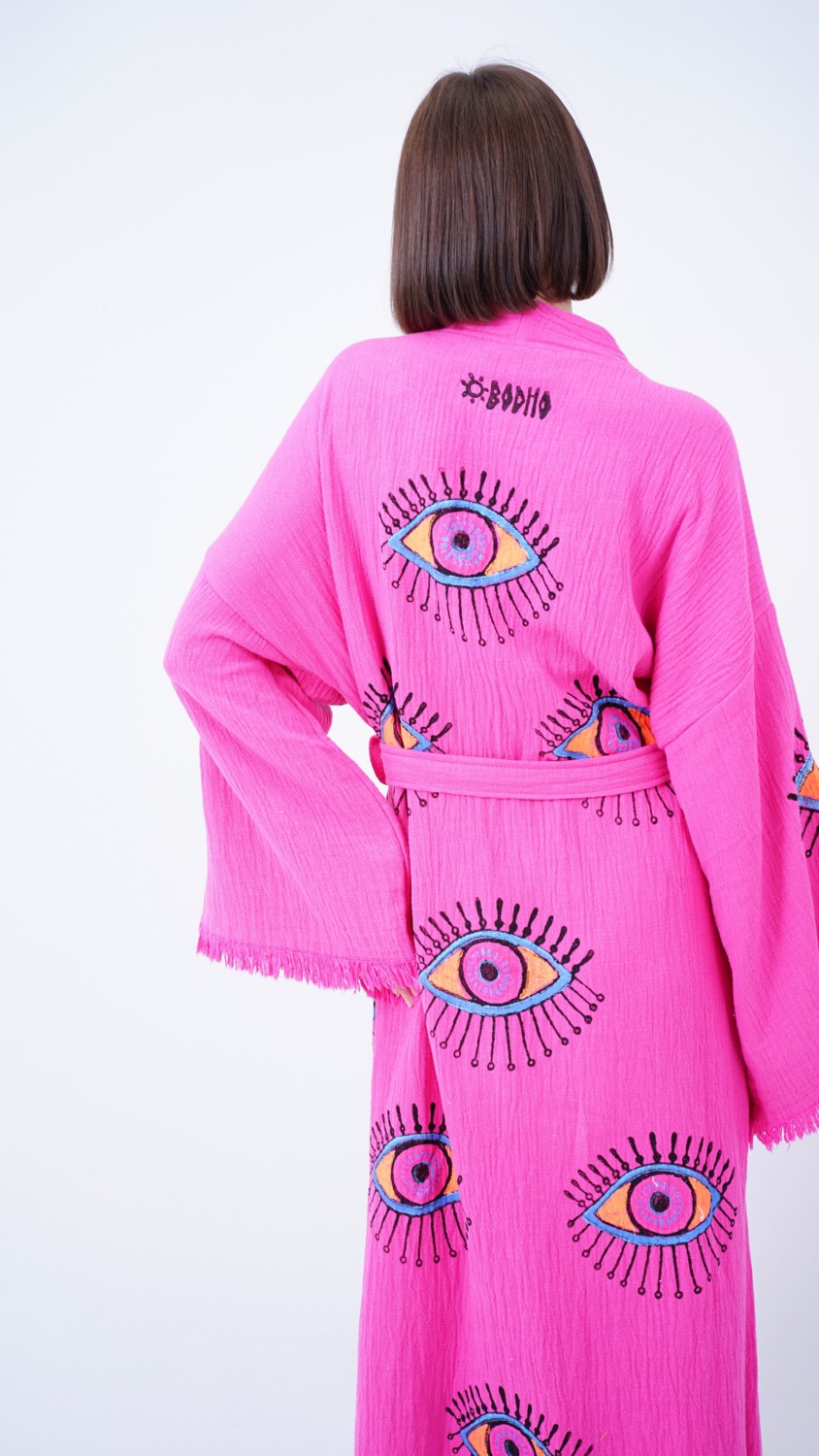 Bodho El Yapımı Pembe Göz Baskılı Nazar Kaftan Kimono görsel 5