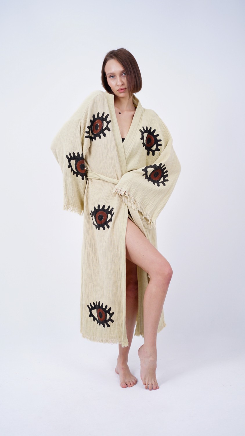 Bodho El Yapımı Kahverengi Göz Baskılı Nazar Kaftan Kimono
