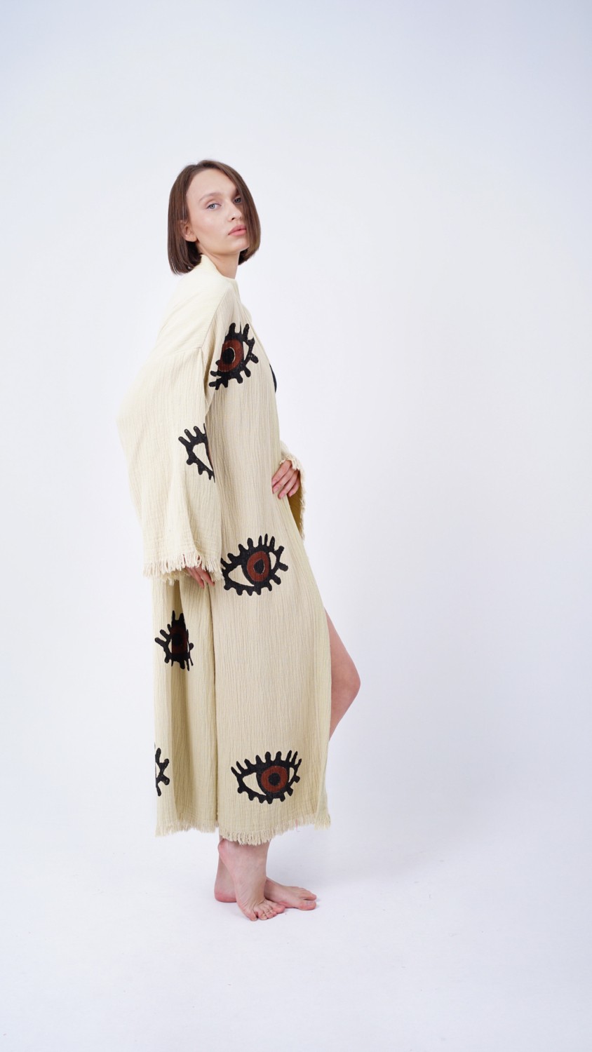 Bodho El Yapımı Kahverengi Göz Baskılı Nazar Kaftan Kimono görsel 3