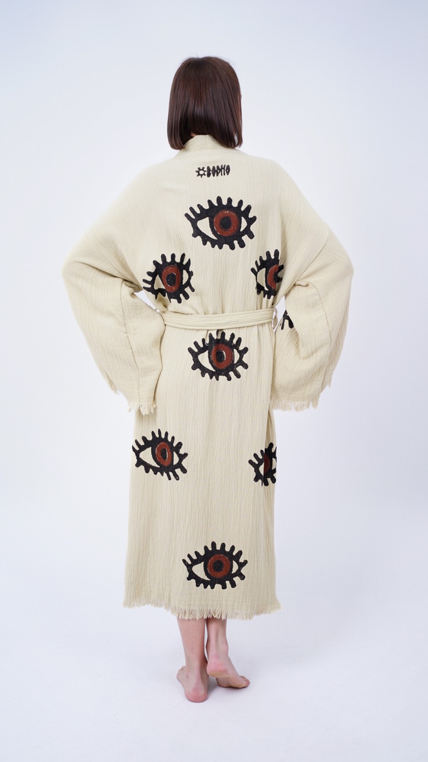 Bodho El Yapımı Kahverengi Göz Baskılı Nazar Kaftan Kimono görsel 4