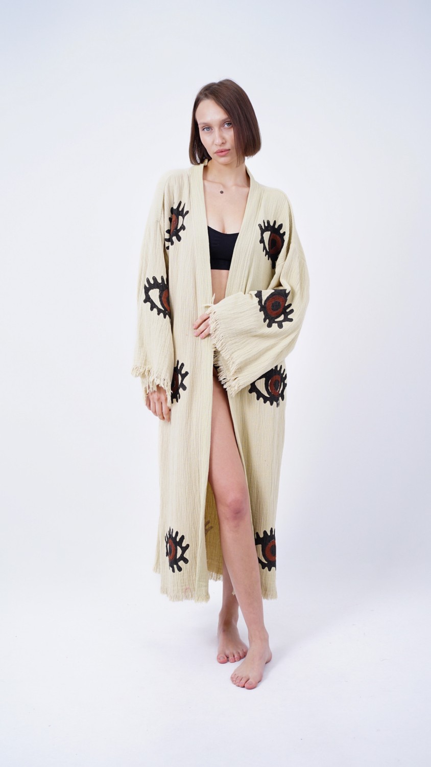 Bodho El Yapımı Kahverengi Göz Baskılı Nazar Kaftan Kimono görsel 2