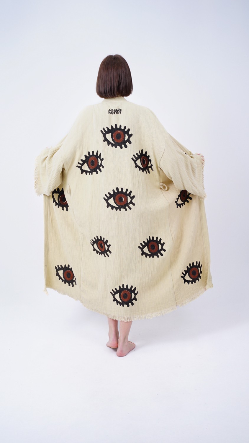 Bodho El Yapımı Kahverengi Göz Baskılı Nazar Kaftan Kimono görsel 5