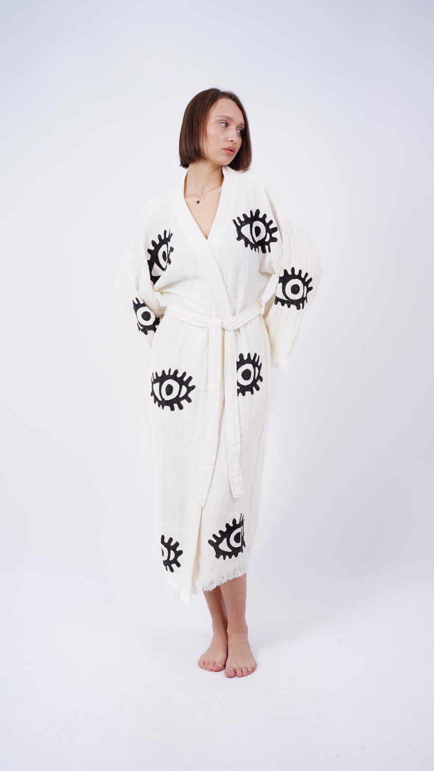 Bodho El Yapımı Göz Baskılı Nazar Kaftan Kimono