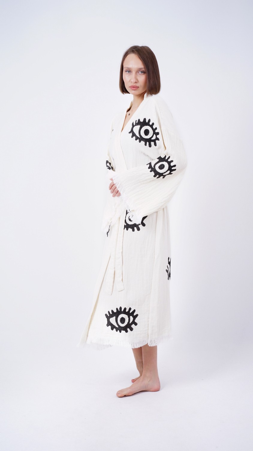 Bodho El Yapımı Göz Baskılı Nazar Kaftan Kimono görsel 2
