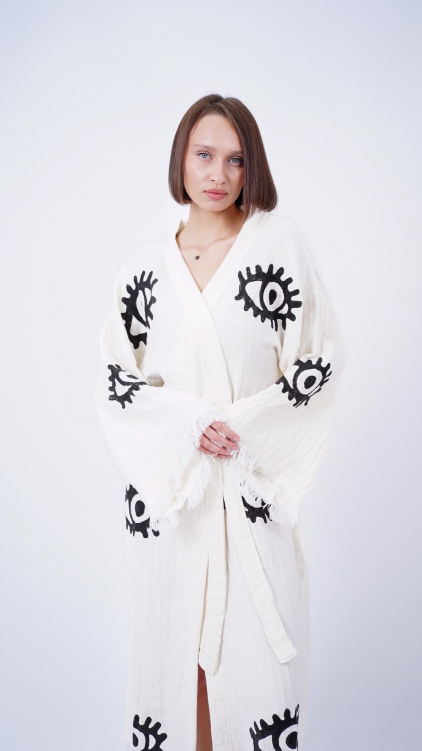 Bodho El Yapımı Göz Baskılı Nazar Kaftan Kimono görsel 3