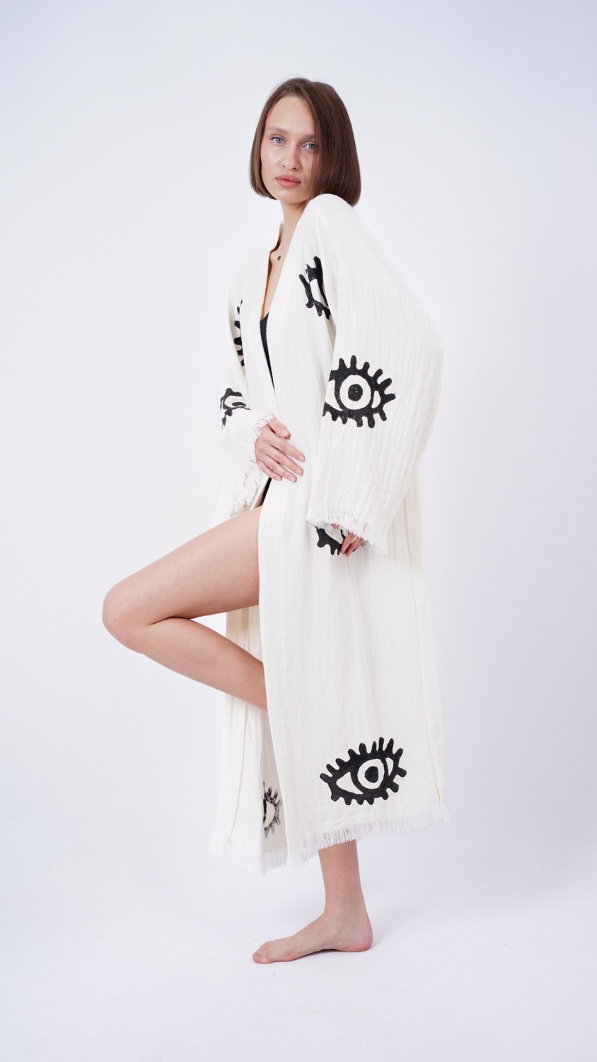 Bodho El Yapımı Göz Baskılı Nazar Kaftan Kimono görsel 5