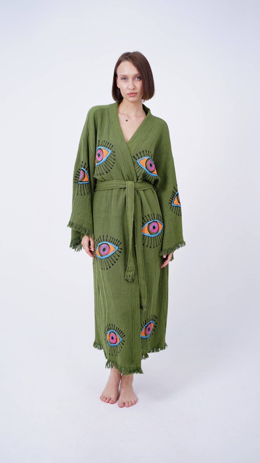 Bodho El Yapımı Haki Göz Baskılı Nazar Kaftan Kimono