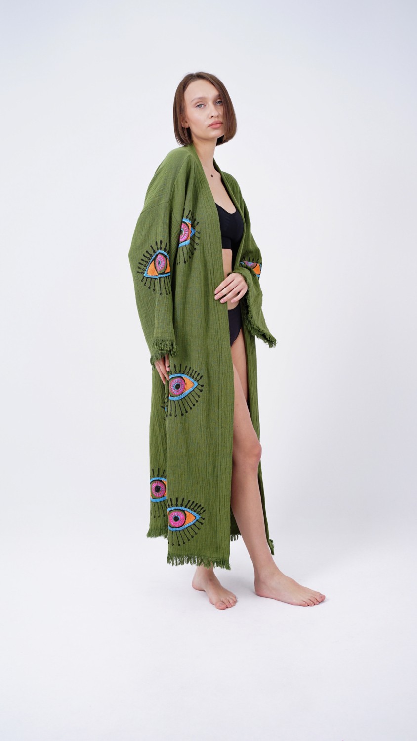 Bodho El Yapımı Haki Göz Baskılı Nazar Kaftan Kimono görsel 2