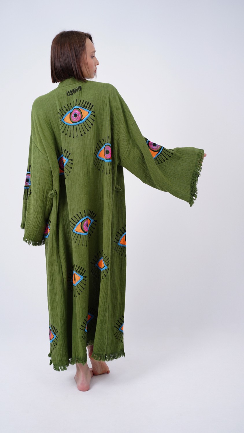 Bodho El Yapımı Haki Göz Baskılı Nazar Kaftan Kimono görsel 3