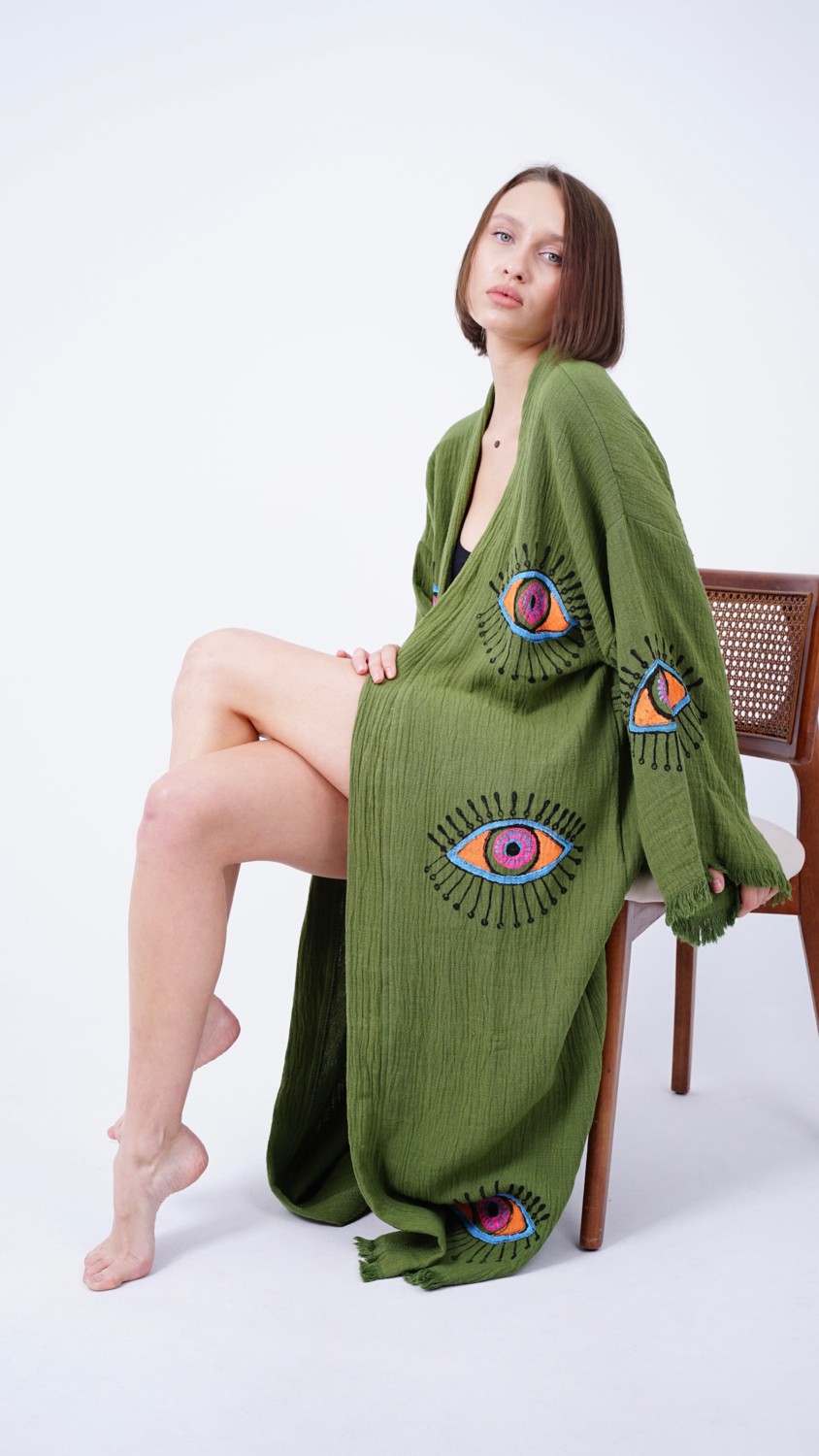 Bodho El Yapımı Haki Göz Baskılı Nazar Kaftan Kimono görsel 4