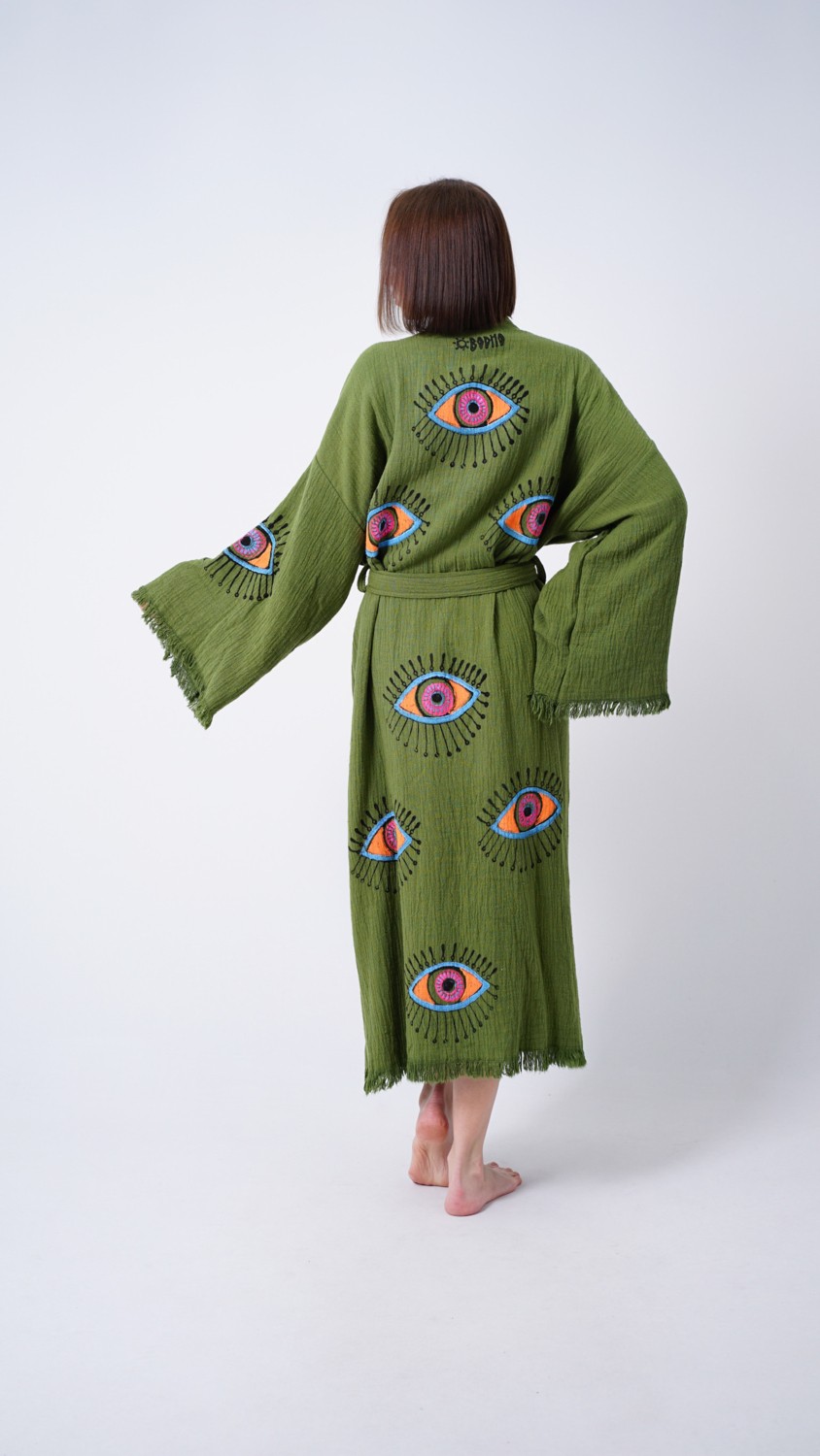 Bodho El Yapımı Haki Göz Baskılı Nazar Kaftan Kimono görsel 5