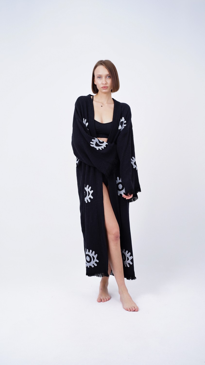 Bodho El Yapımı Siyah Göz Baskılı Nazar Kaftan Kimono