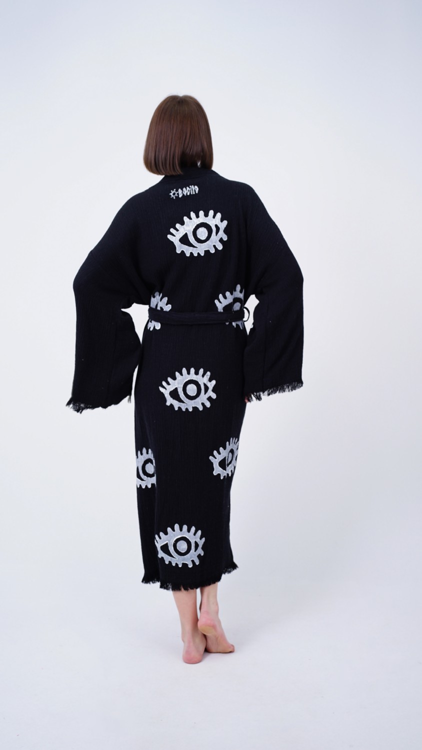 Bodho El Yapımı Siyah Göz Baskılı Nazar Kaftan Kimono görsel 2