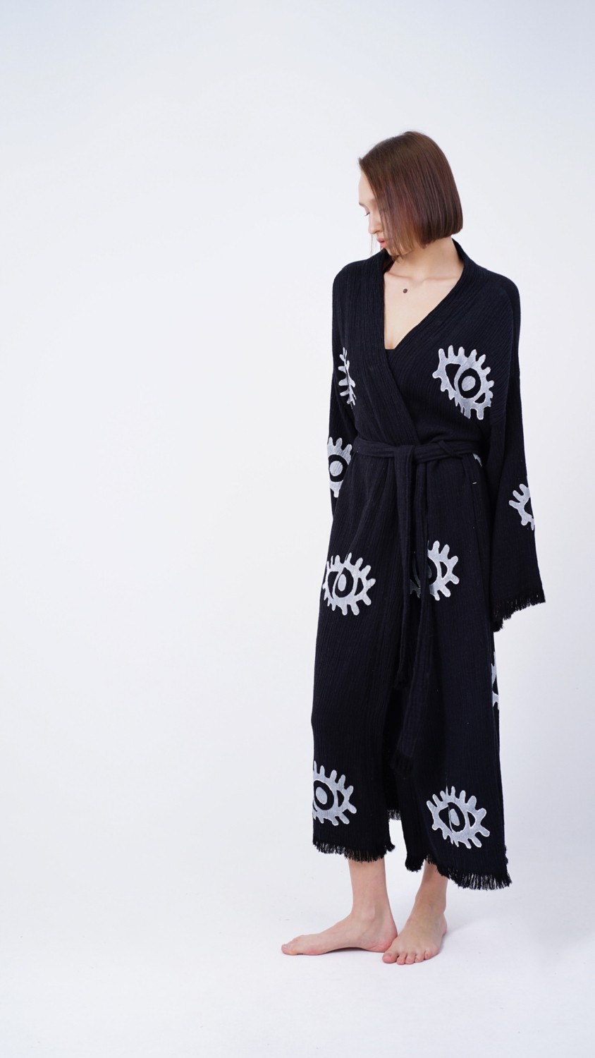 Bodho El Yapımı Siyah Göz Baskılı Nazar Kaftan Kimono görsel 4
