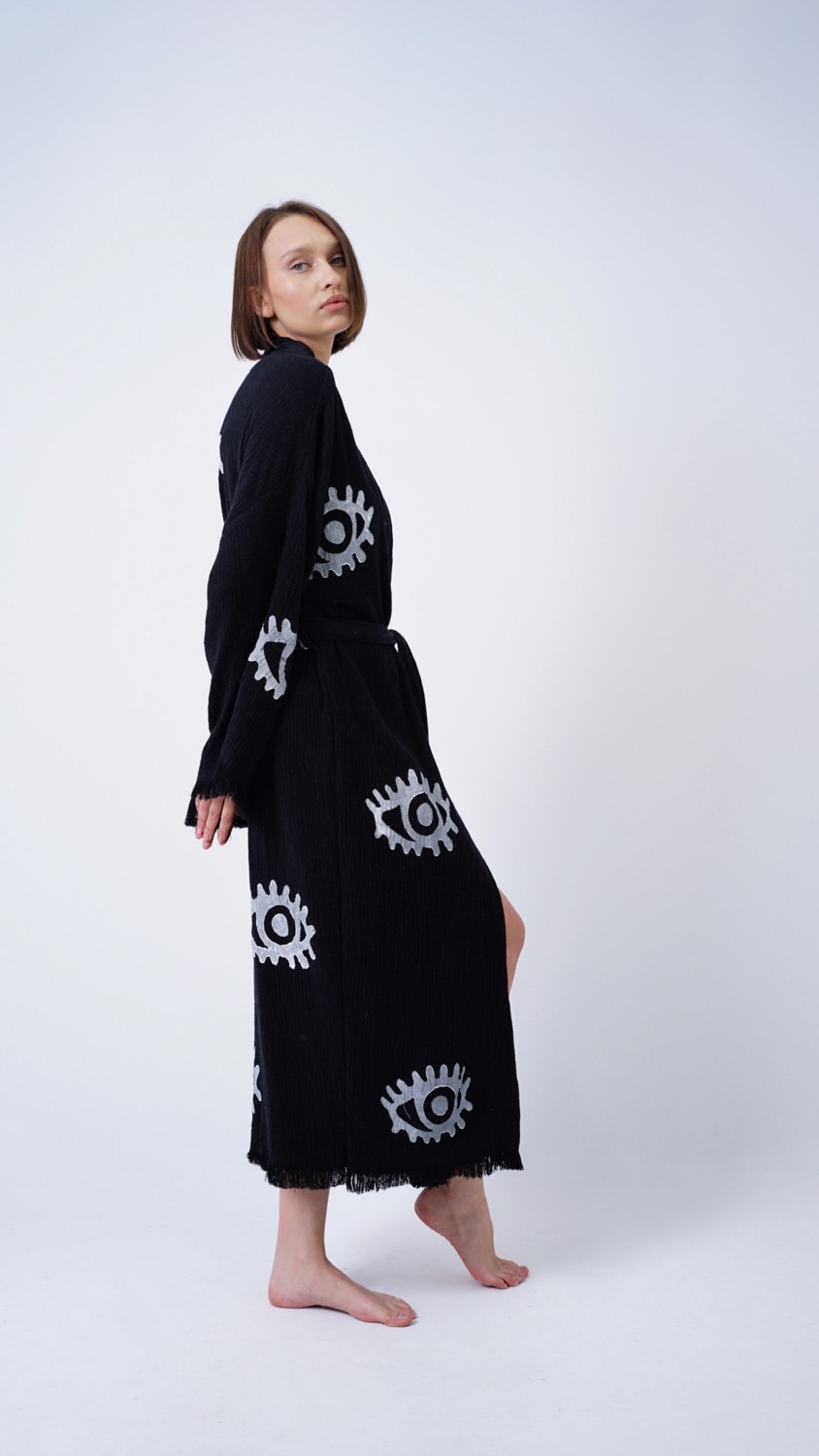 Bodho El Yapımı Siyah Göz Baskılı Nazar Kaftan Kimono görsel 5