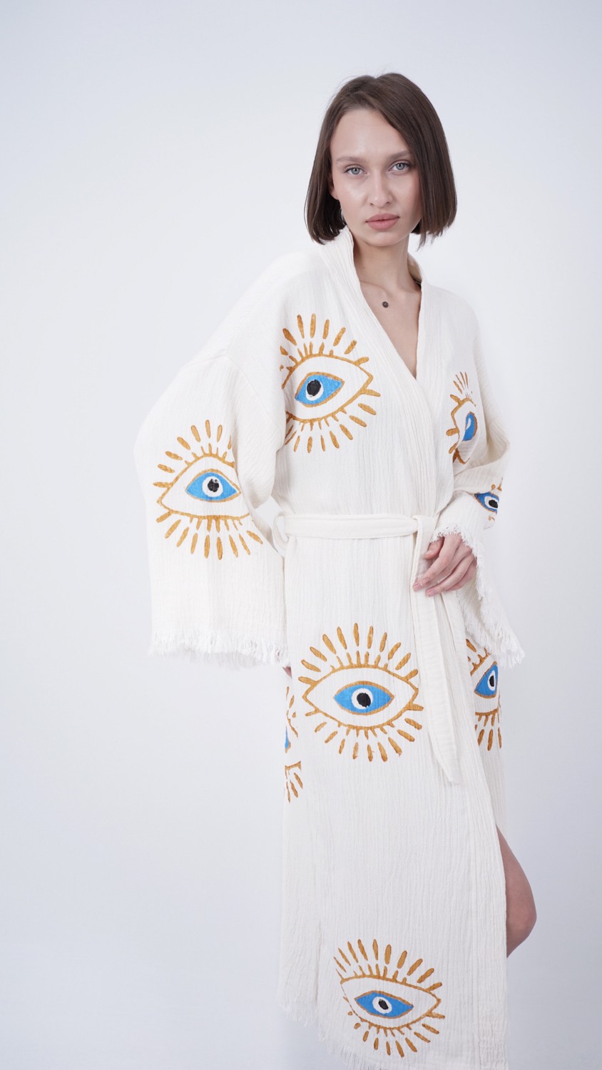 Bodho El Yapımı Göz Baskılı Nazar Kaftan Kimono