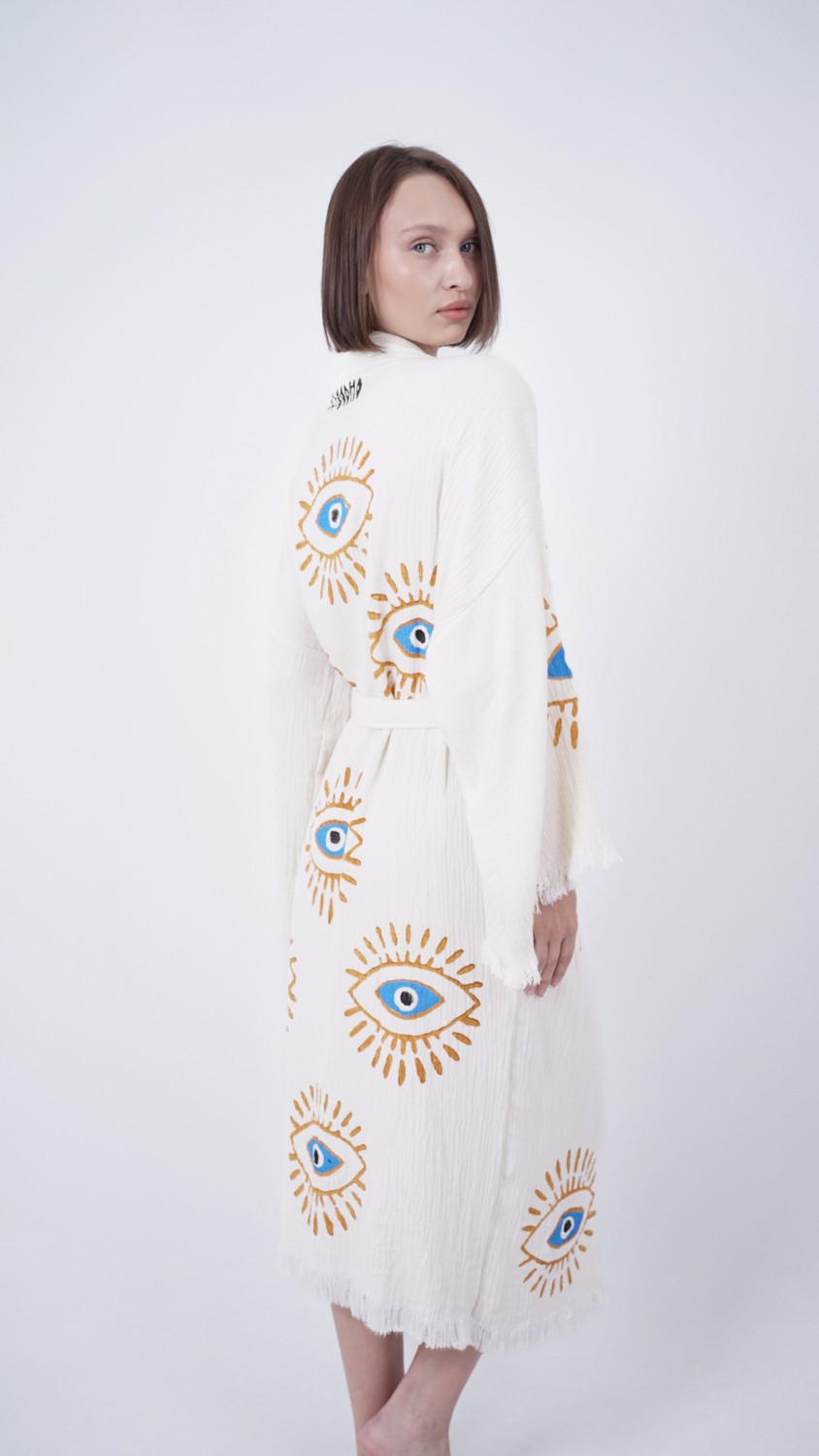 Bodho El Yapımı Göz Baskılı Nazar Kaftan Kimono görsel 3