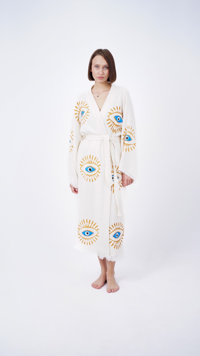 Bodho El Yapımı Göz Baskılı Nazar Kaftan Kimono görsel 4