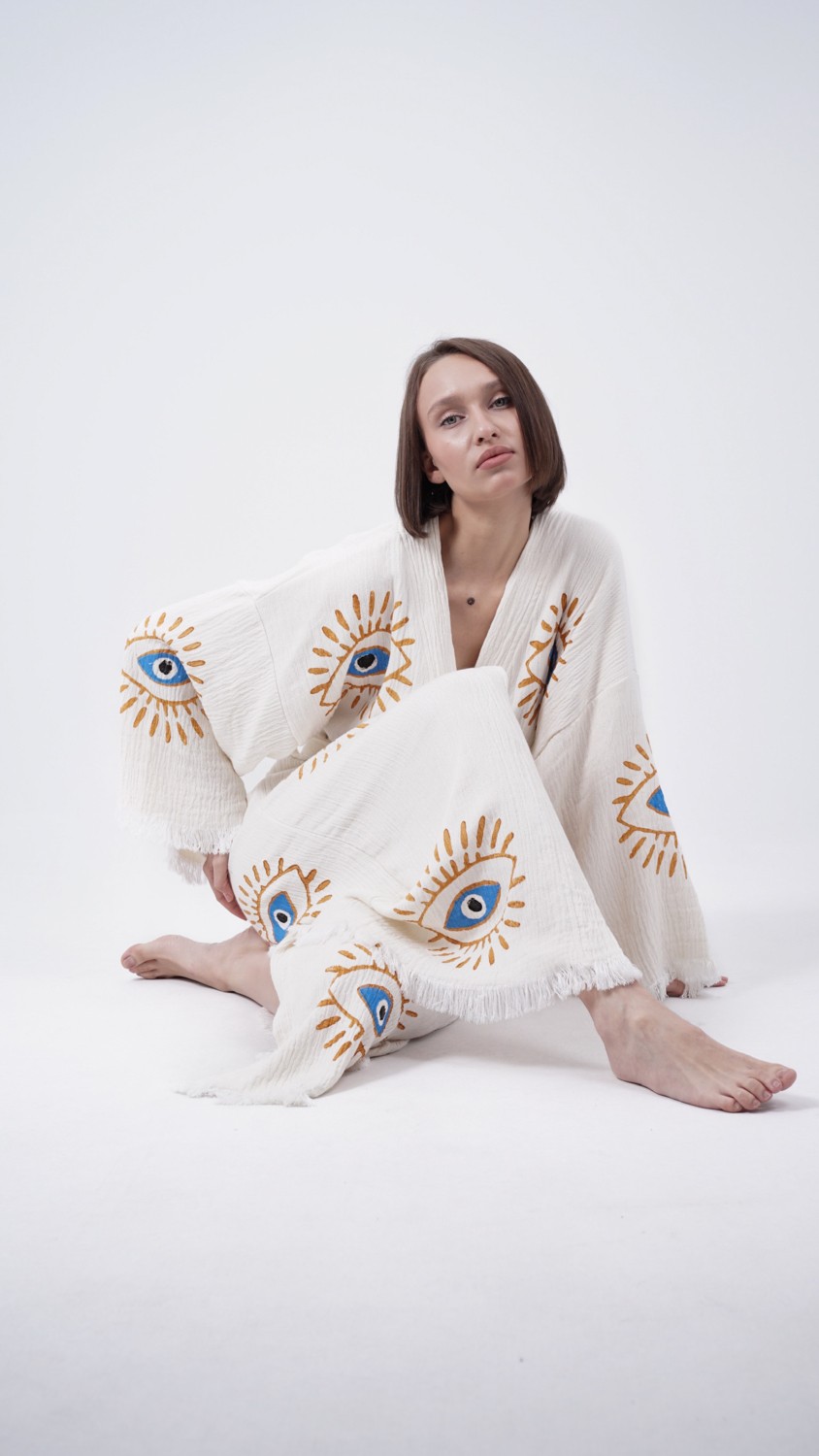 Bodho El Yapımı Göz Baskılı Nazar Kaftan Kimono görsel 5