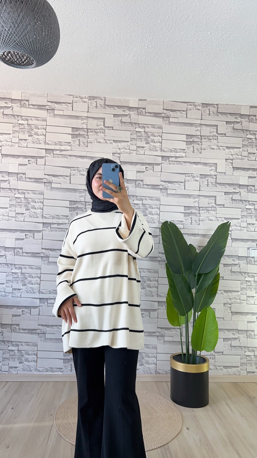 Merve Akyol Moda Çizgili Oversize Triko Kazak görsel 7