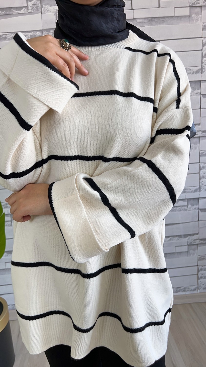 Merve Akyol Moda Çizgili Oversize Triko Kazak görsel 8