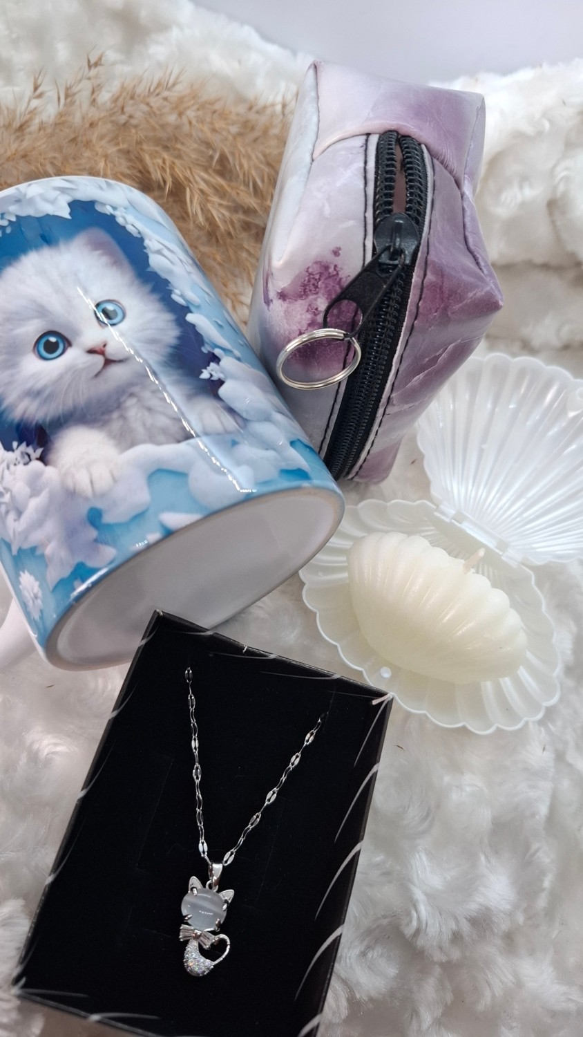 Serenity Kadın Kedi Figürlü Çelik Kolye Kupa Set görsel 4